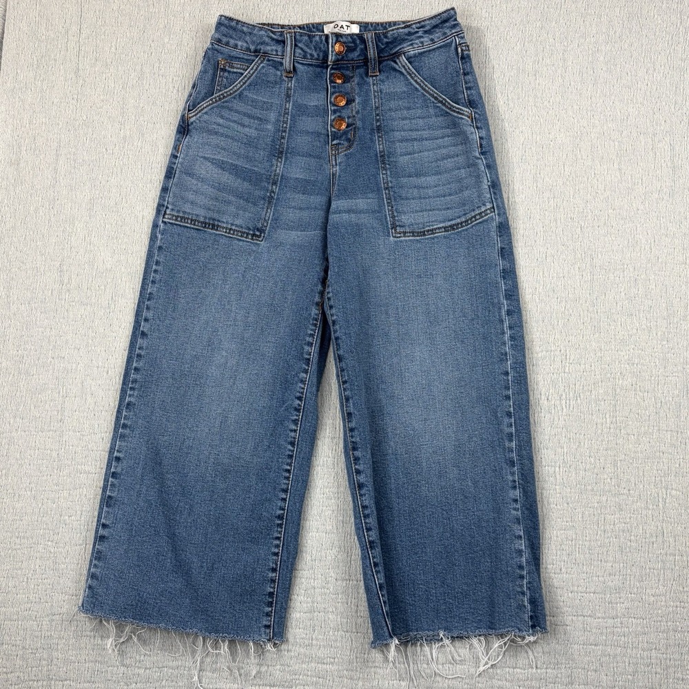 Oat New‎ York Crop Jeans Women's Size 28x22 High Rise Wide Leg Flare Frayed Blue